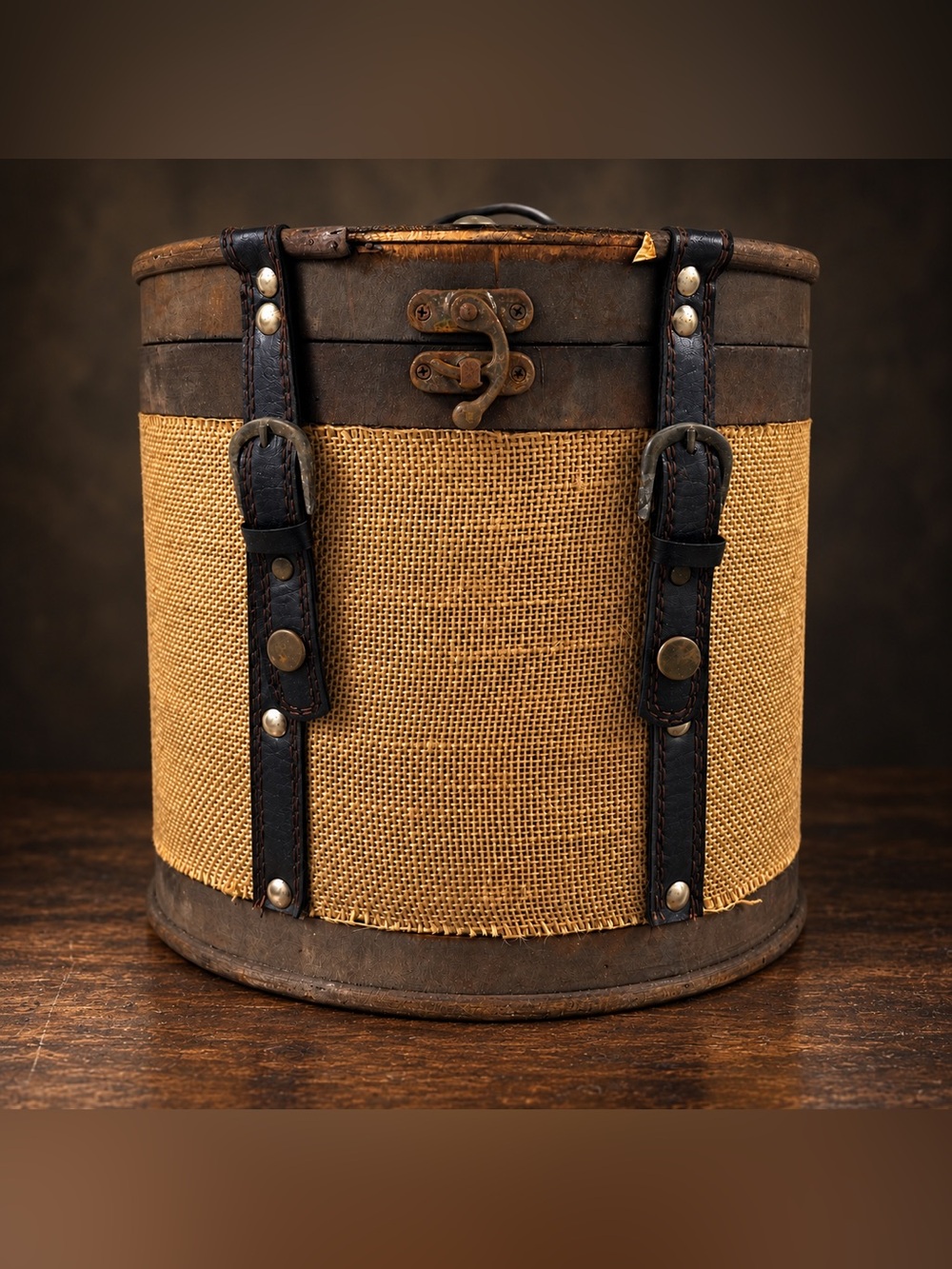 Rustic Round Wood Burlap Storage Box Vintage Style Home Decor 10.5”